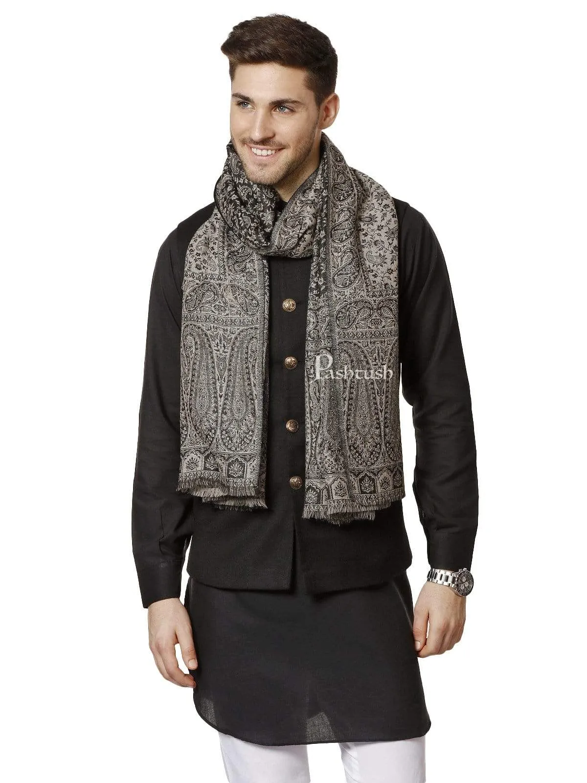 Pashtush Mens Fine Wool Luxury Stole, Soft And Warm, Black And Grey