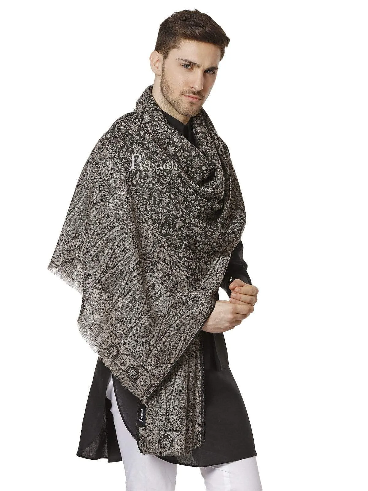 Pashtush Mens Fine Wool Luxury Stole, Soft And Warm, Black And Grey