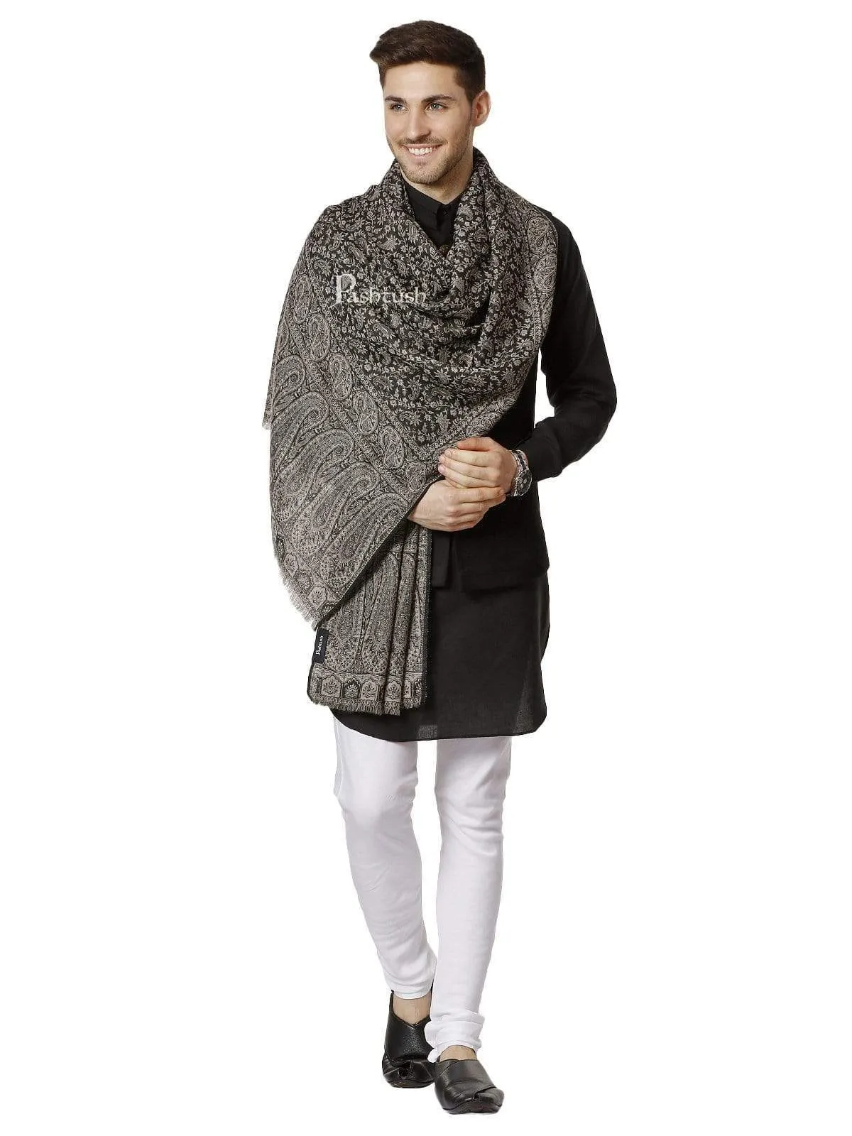 Pashtush Mens Fine Wool Luxury Stole, Soft And Warm, Black And Grey