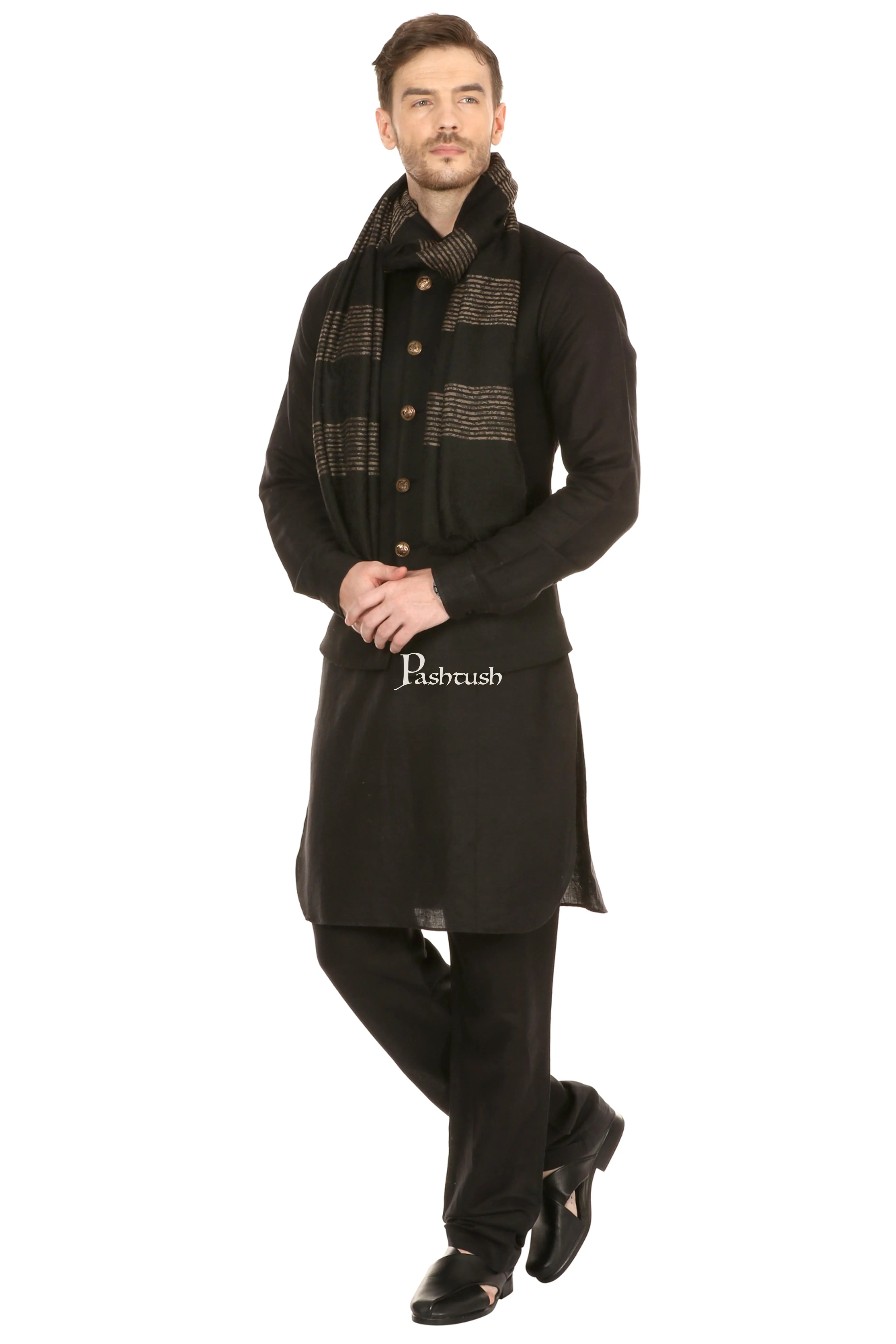 Pashtush Mens Fine Wool Reversible Muffler, Soft And Warm - Black