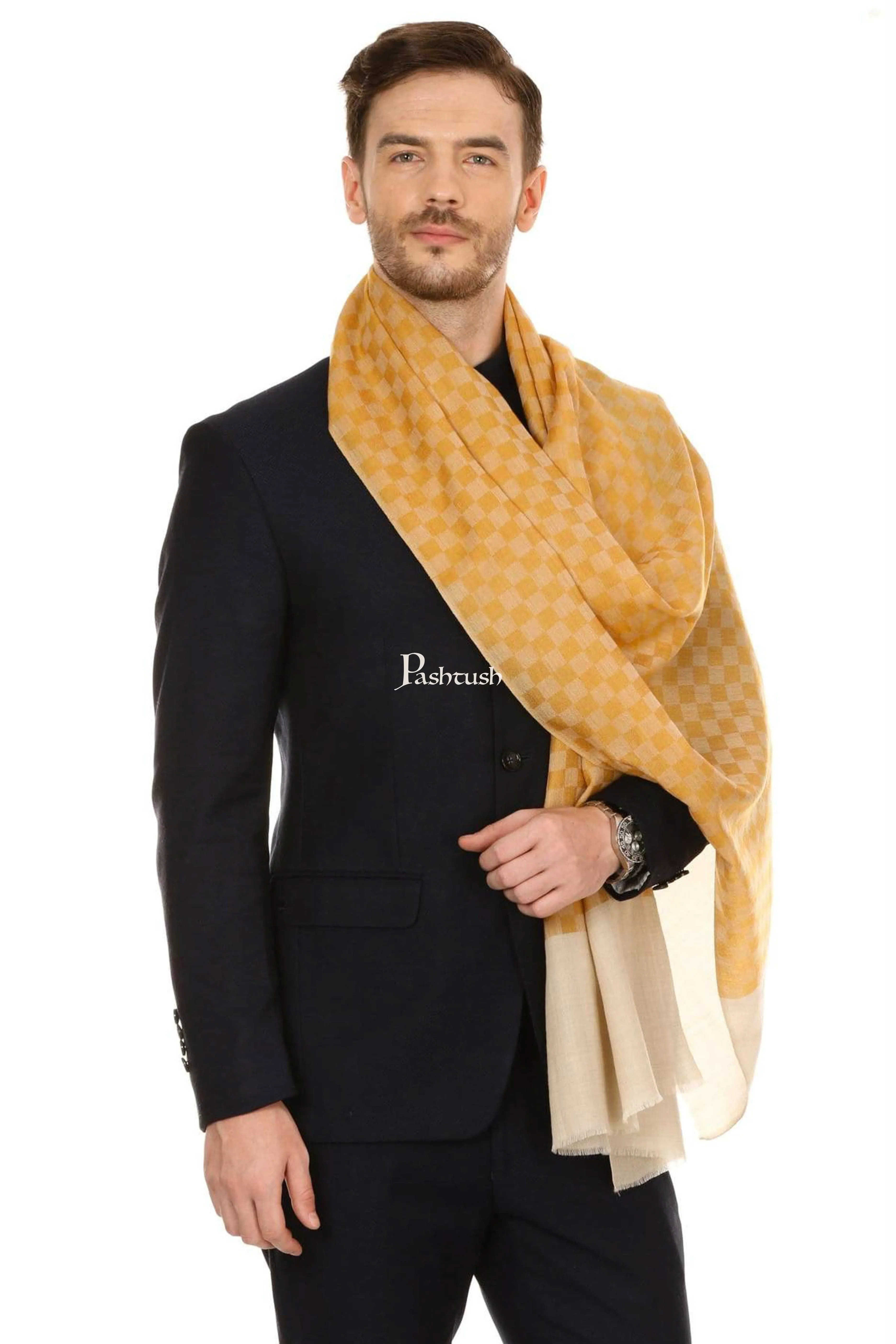 Pashtush Mens Fine Wool Reversible Muffler, Soft And Warm - Yellow