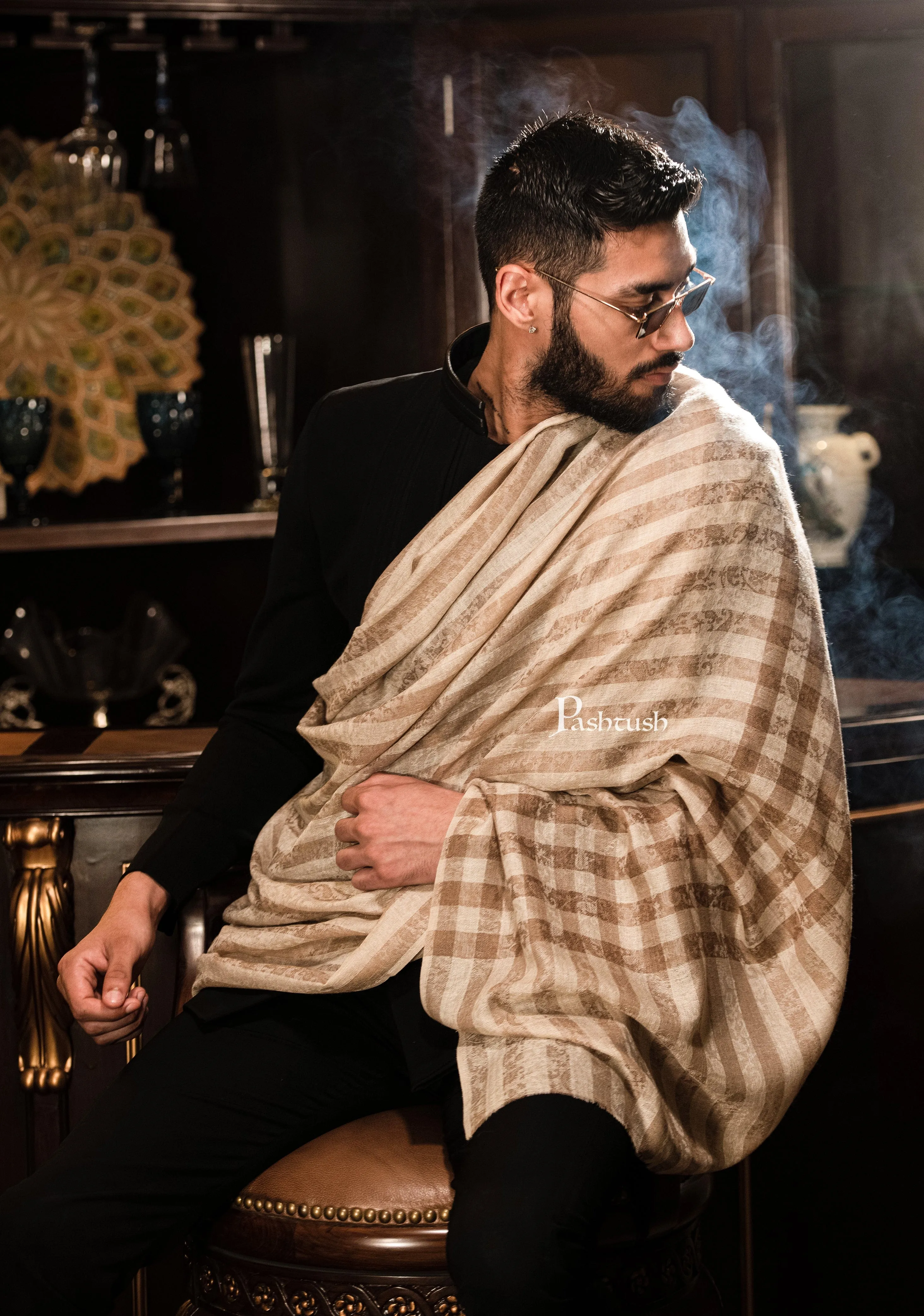 Pashtush Mens Fine Wool Shawl, Checks, Extra Soft And Warm, Beige