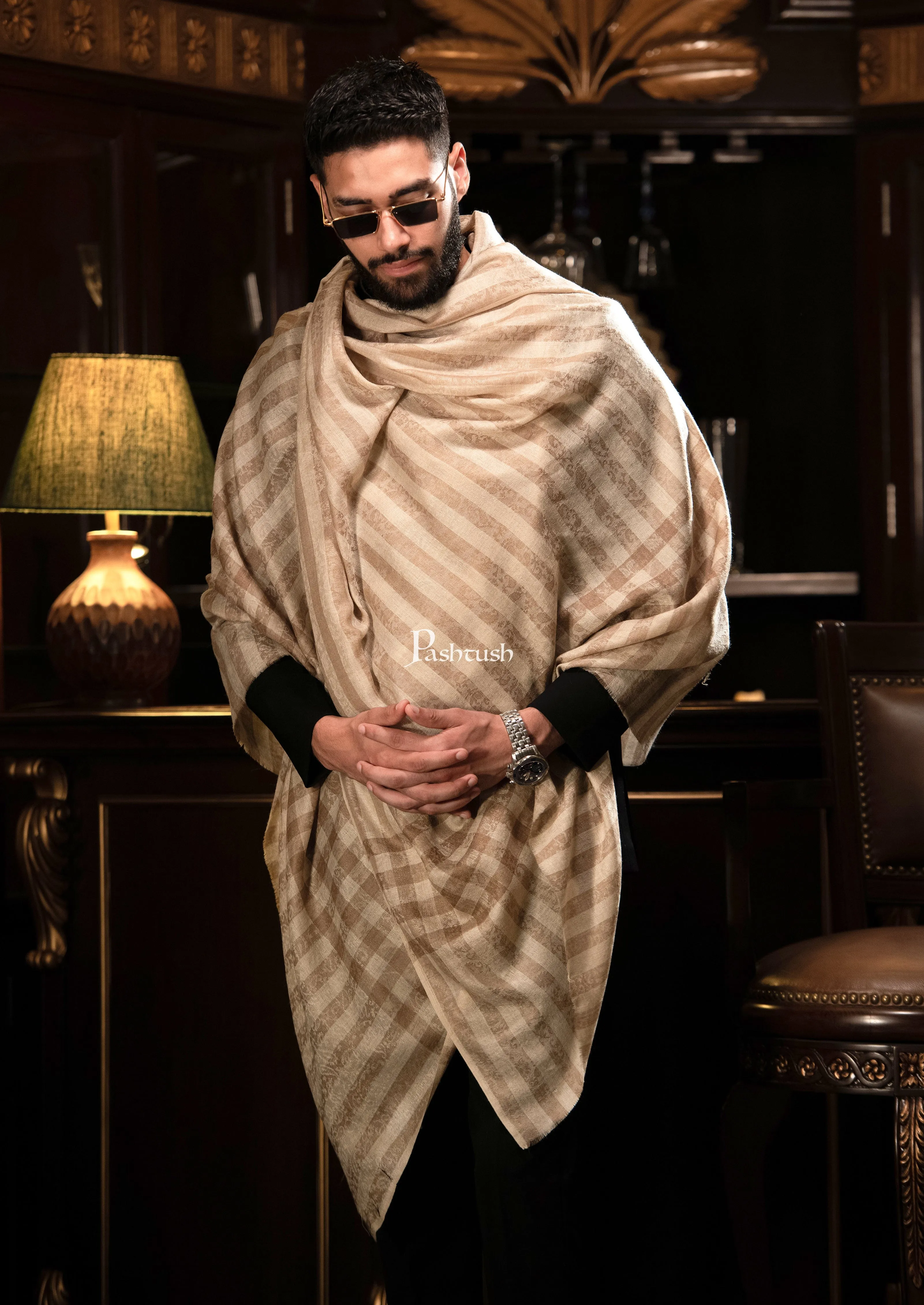 Pashtush Mens Fine Wool Shawl, Checks, Extra Soft And Warm, Beige