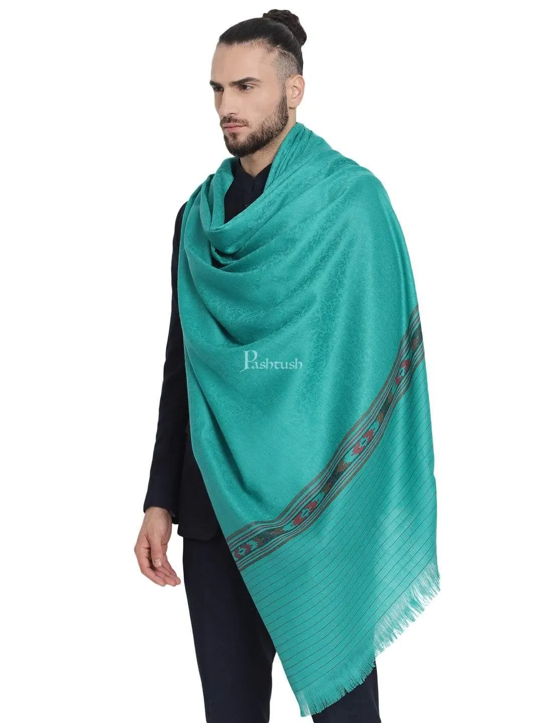 Pashtush Mens Fine Wool Stole, Soft And Warm, Aztec Design, Jacquard Weave - Bottle Green