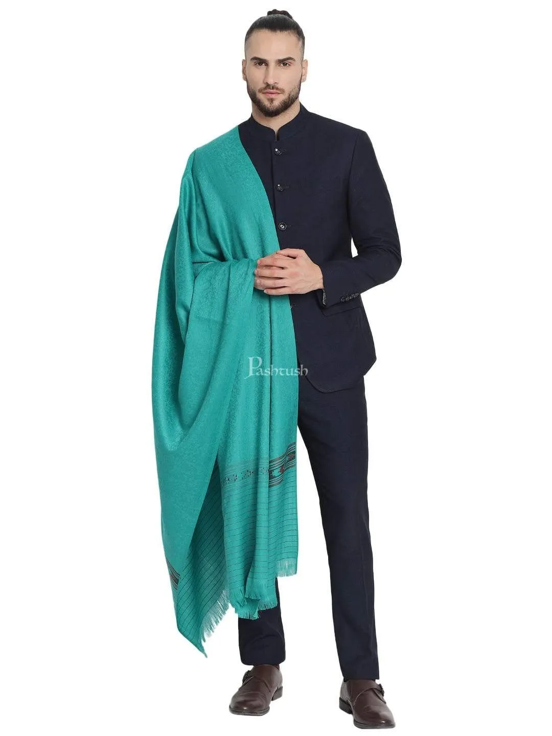 Pashtush Mens Fine Wool Stole, Soft And Warm, Aztec Design, Jacquard Weave - Bottle Green