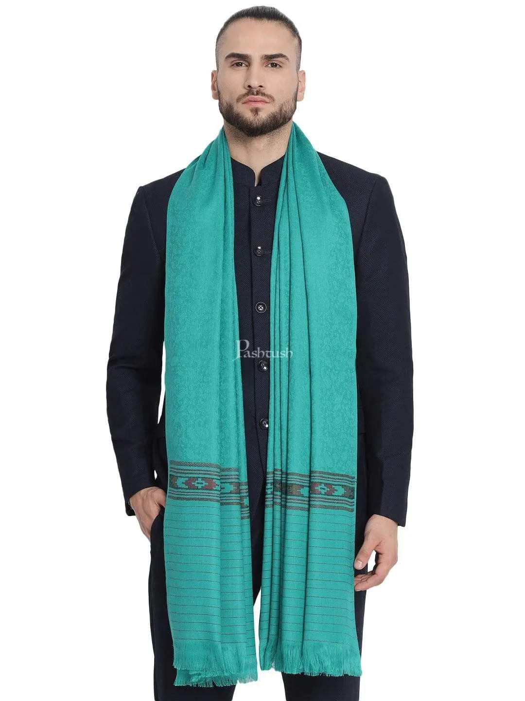 Pashtush Mens Fine Wool Stole, Soft And Warm, Aztec Design, Jacquard Weave - Bottle Green