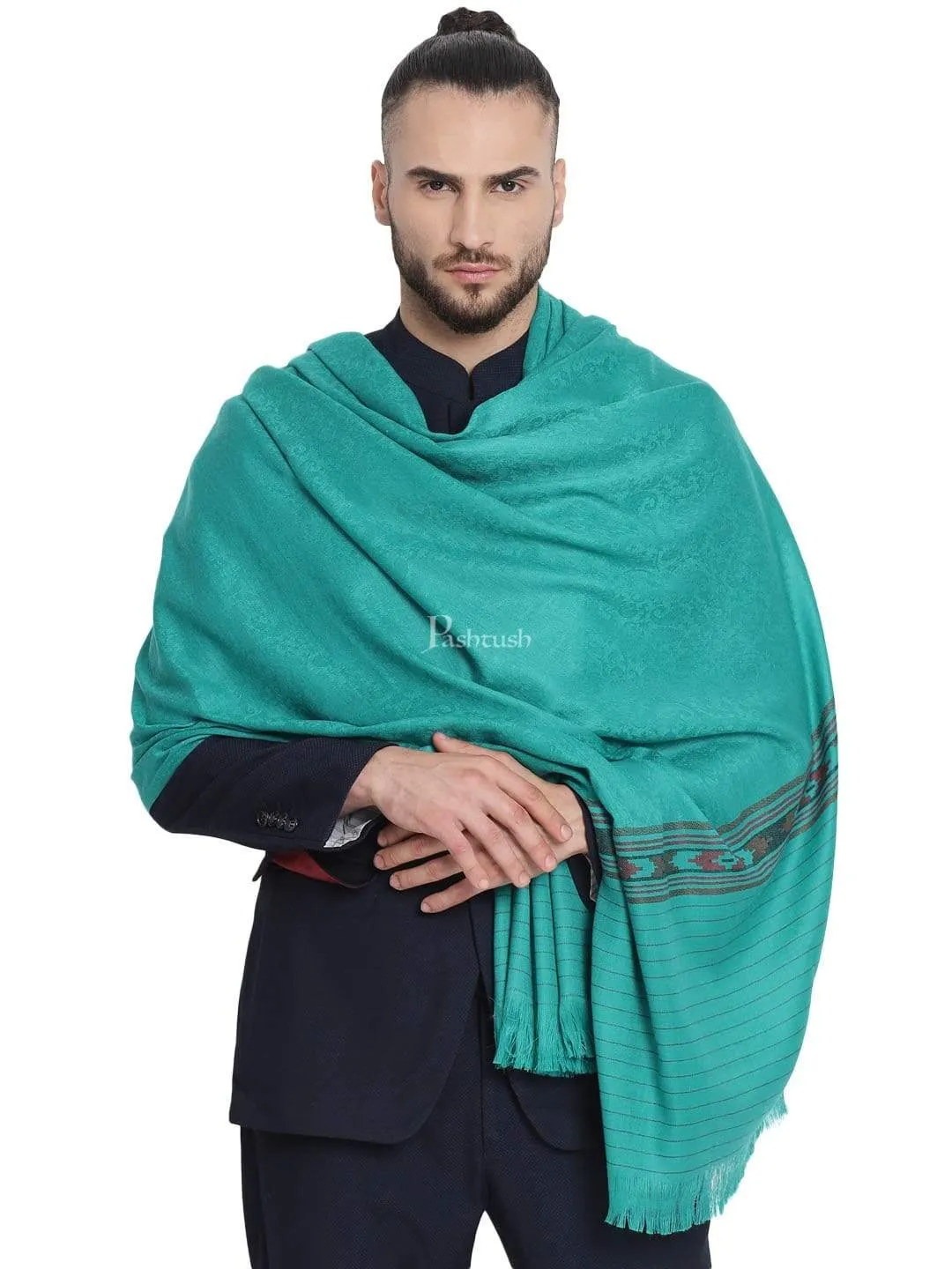 Pashtush Mens Fine Wool Stole, Soft And Warm, Aztec Design, Jacquard Weave - Bottle Green