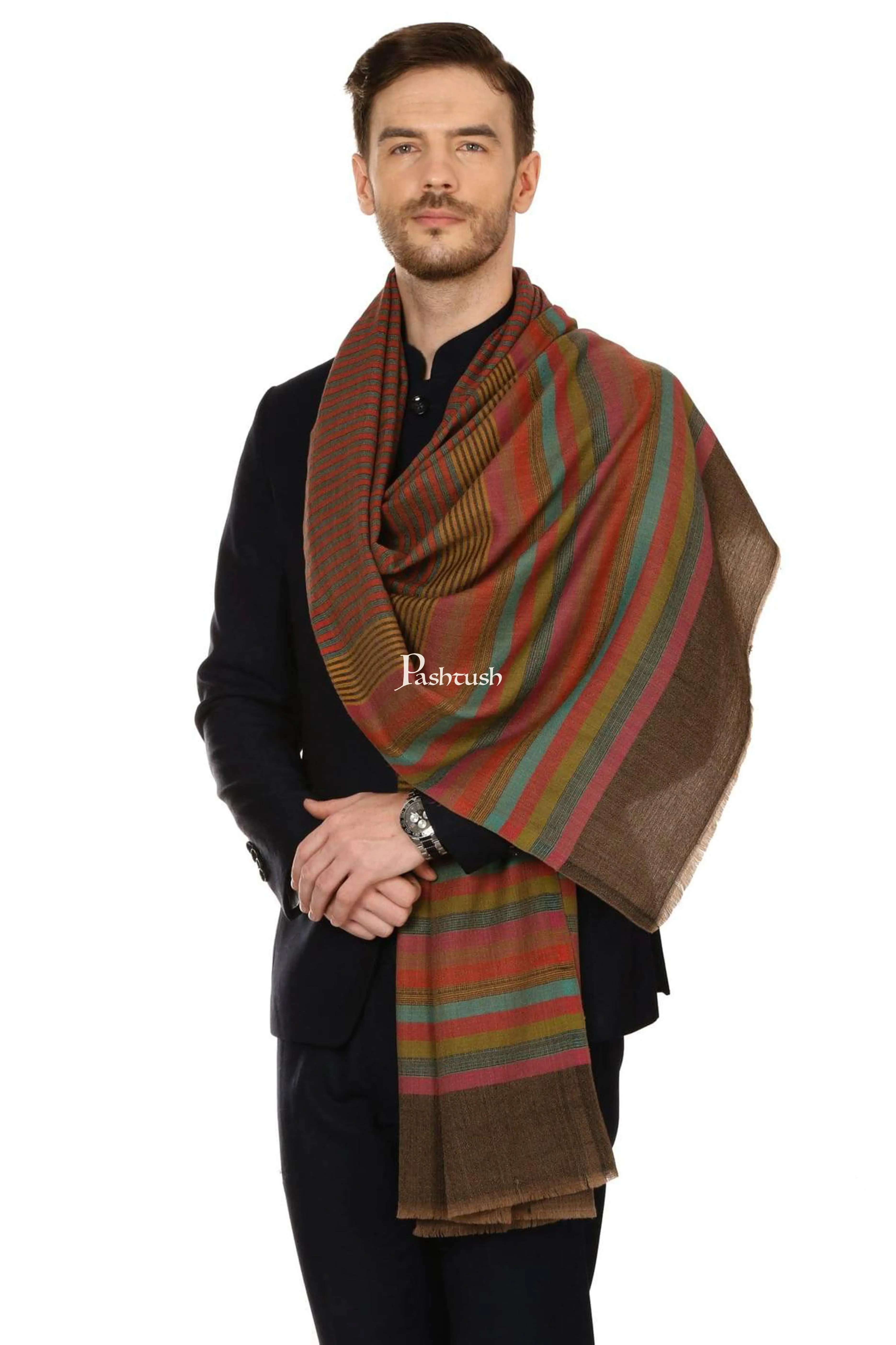 Pashtush Mens Fine Wool Striped Muffler, Soft And Warm Stole Scarf