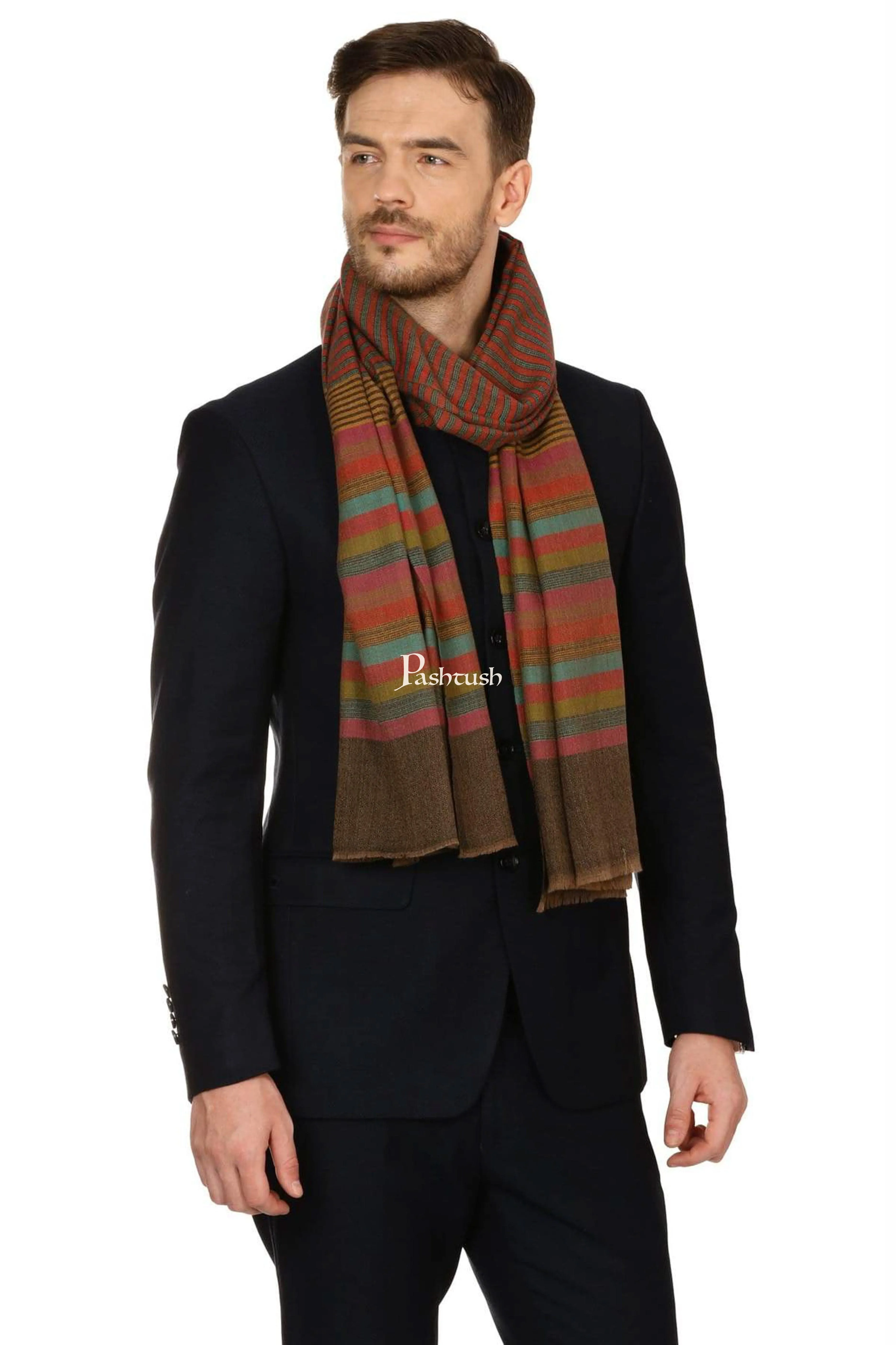 Pashtush Mens Fine Wool Striped Muffler, Soft And Warm Stole Scarf