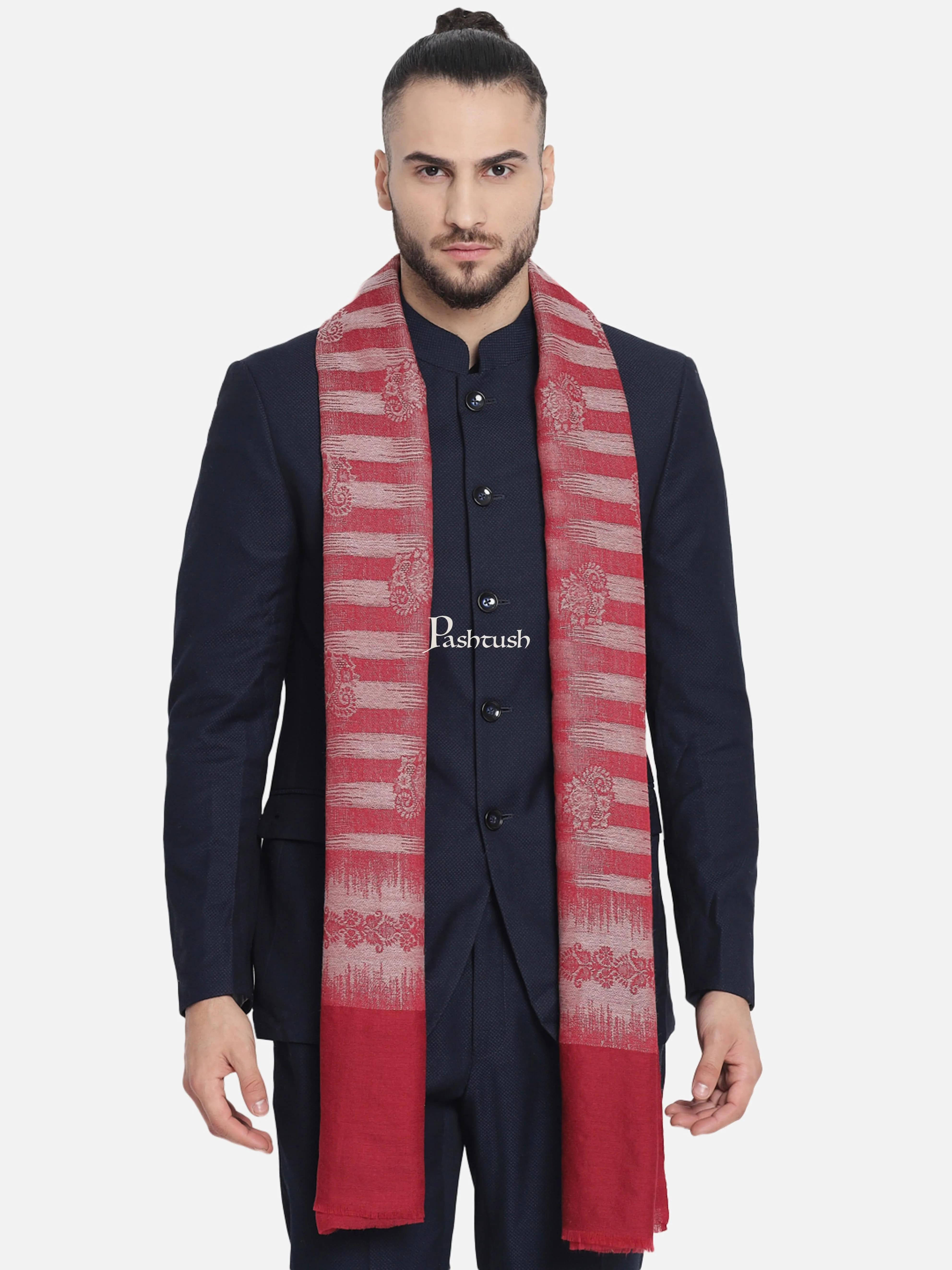 Pashtush Mens Fine Wool Striped Red Muffler, Soft And Warm Stole Scarf