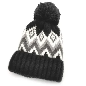 Stay Warm and Stylish with our Black and White Nordic-style Thermal Pompom Hat - One Size Fits All