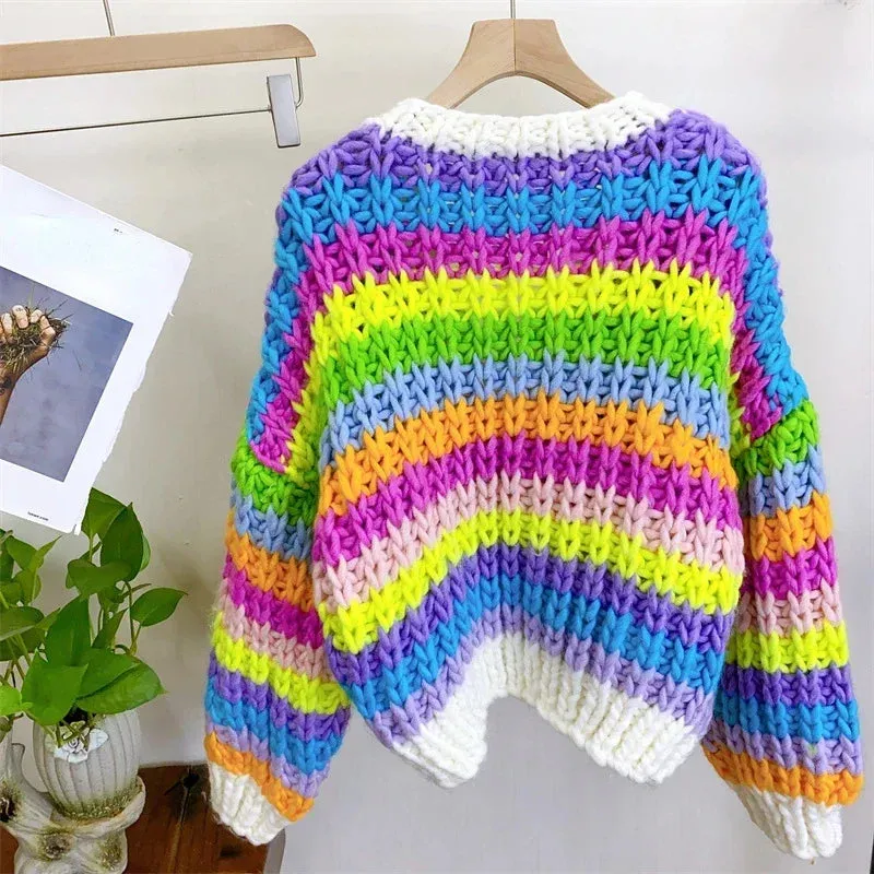 Women Handmade Rainbow Colorful Warm Chunky Knit Bulky Cardigan