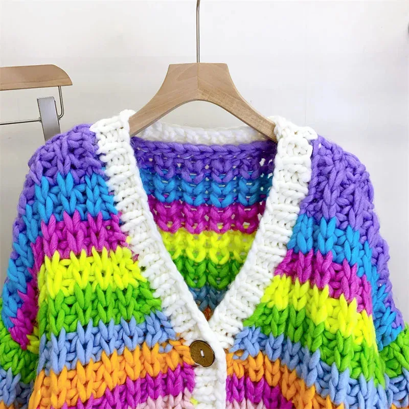 Women Handmade Rainbow Colorful Warm Chunky Knit Bulky Cardigan