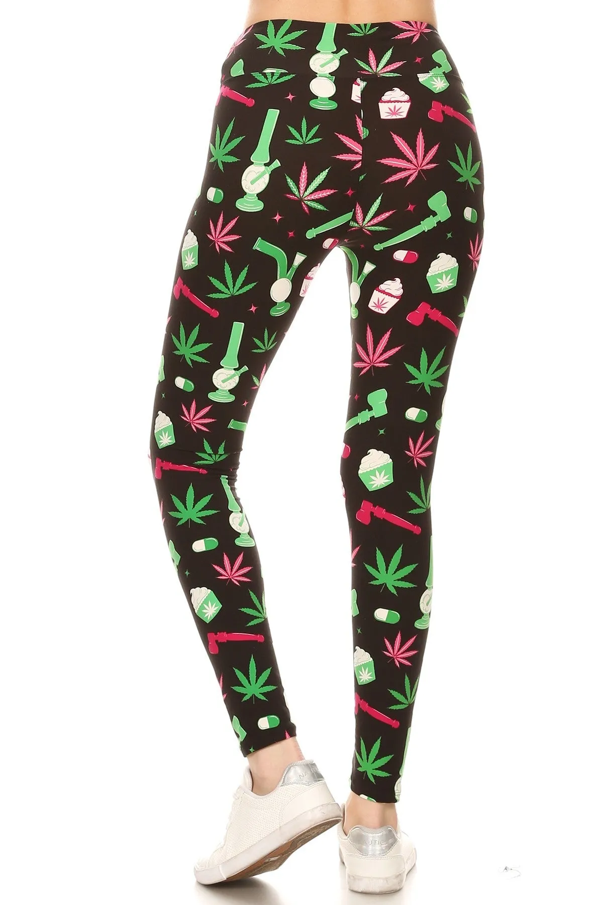 Women Plus High Waist Green Leaf Cannabis Printed Yoga Pants Leggings