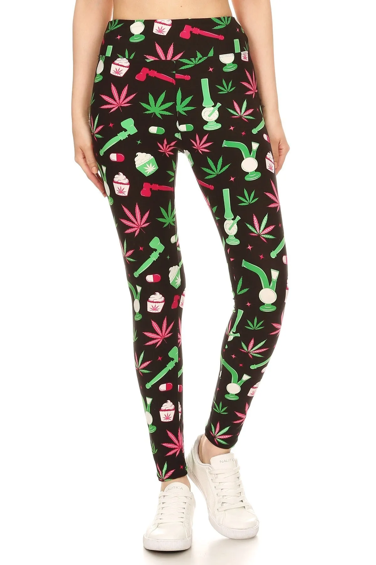 Women Plus High Waist Green Leaf Cannabis Printed Yoga Pants Leggings