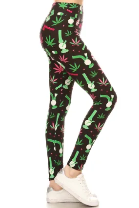 Women Plus High Waist Green Leaf Cannabis Printed Yoga Pants Leggings