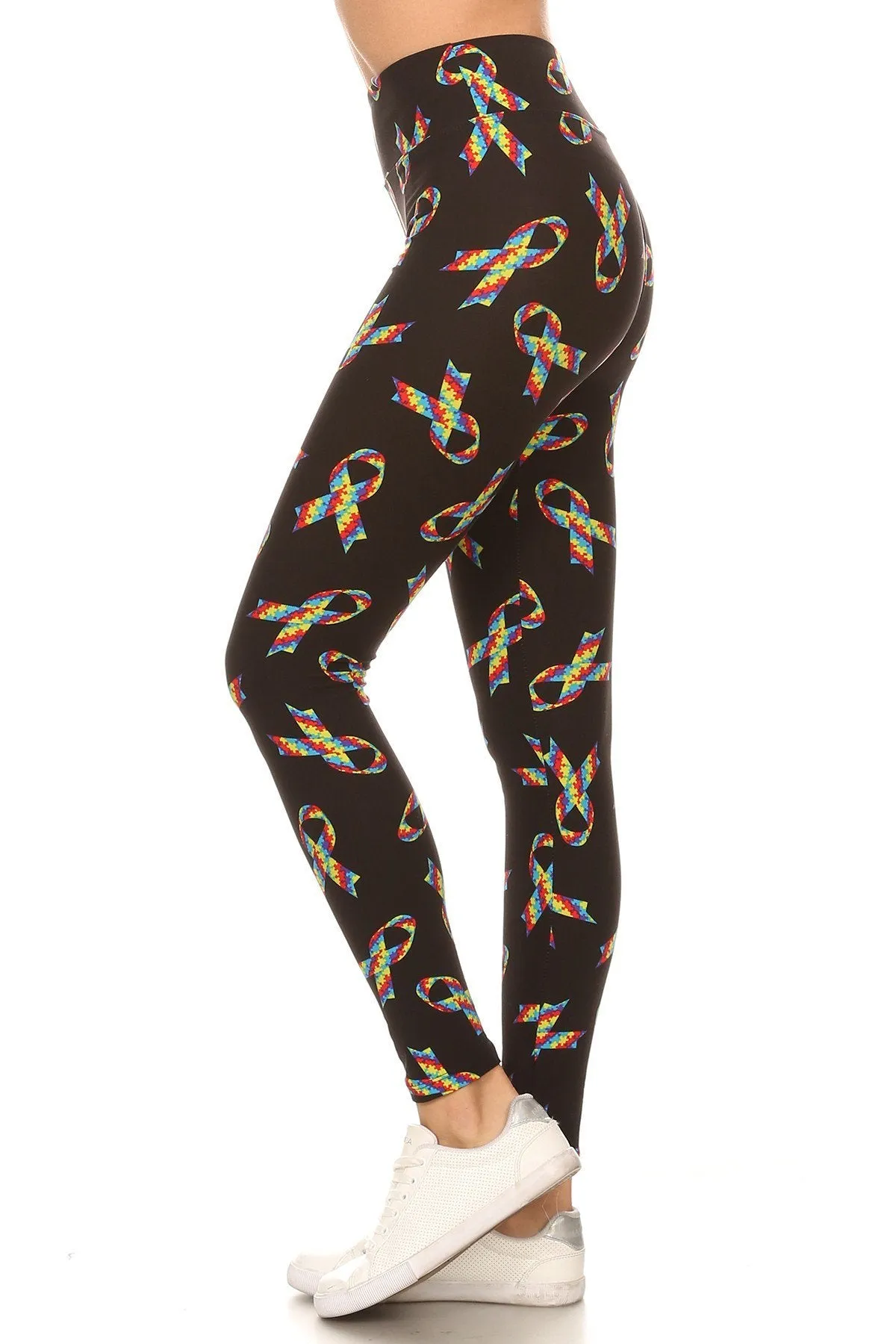 Women Regular High Waist Rainbow Autism Ribbon Printed Yoga Pants Leggings