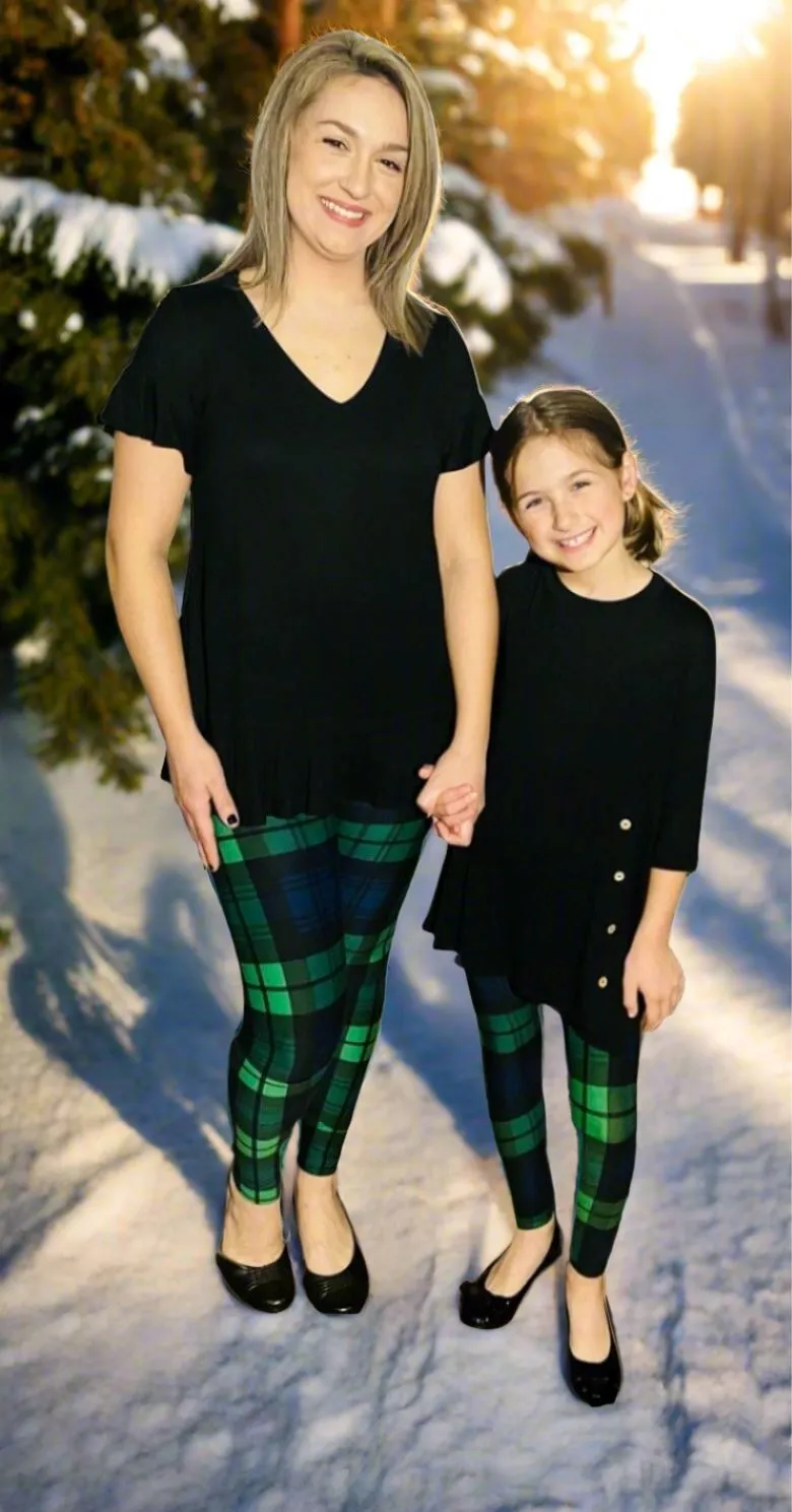 Womens Green Blue Christmas Plaid Leggings, Soft Yoga Pants, Sizes 0-20, Yoga Waist, Green/Blue