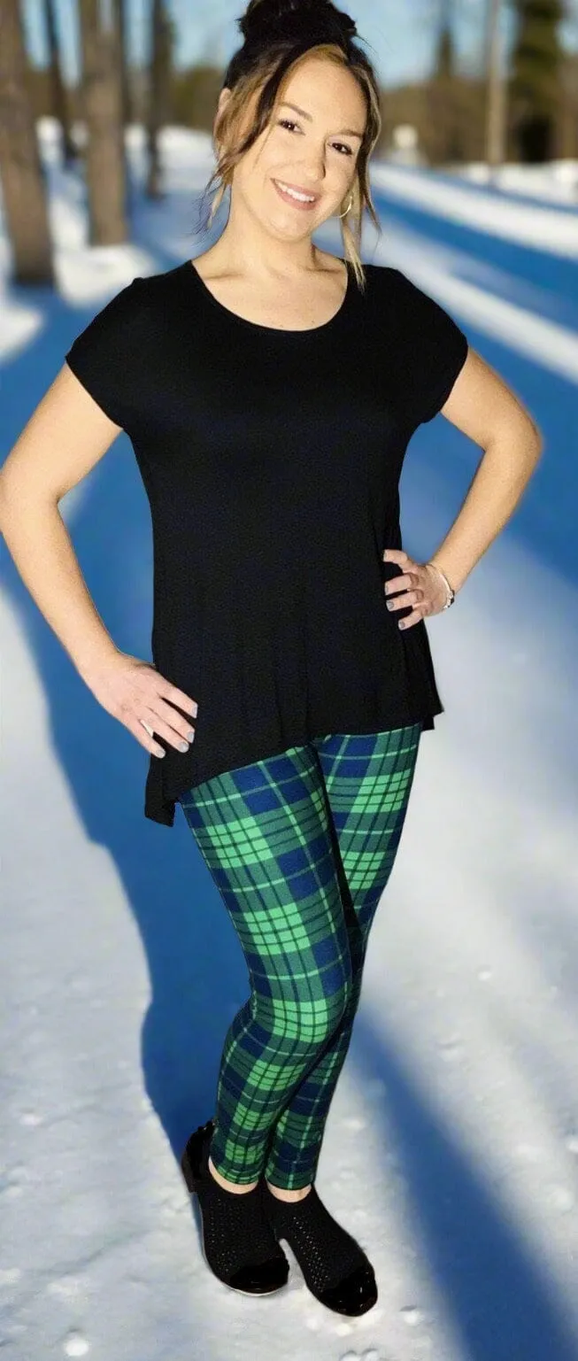 Womens Green Blue Christmas Plaid Leggings, Soft Yoga Pants, Sizes 0-20, Yoga Waist, Green/Blue