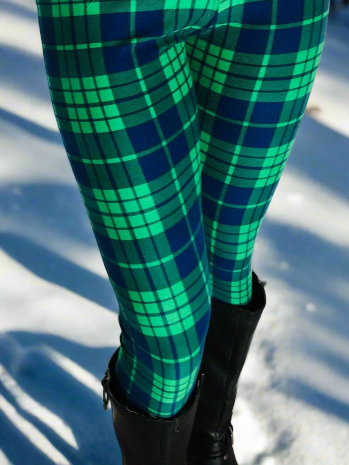 Womens Green Blue Christmas Plaid Leggings, Soft Yoga Pants, Sizes 0-20, Yoga Waist, Green/Blue