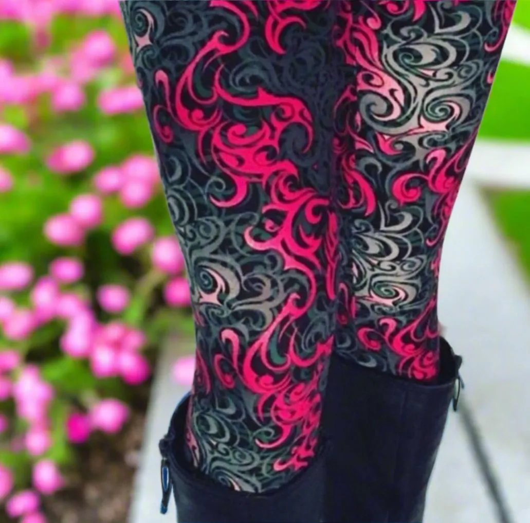 Womens Paisley Leggings | Pink Paisley Leggings | Yoga Pants | Footless Tights | Elastic No-Roll Waistband