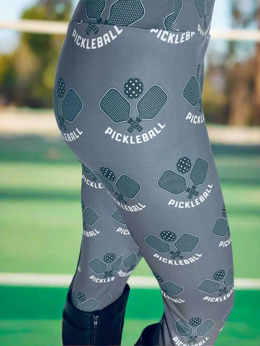 Womens Pickleball Leggings, Soft Yoga Pants, Sizes 0-20, Yoga Waist, Gray/Black, Exclusive Leggings