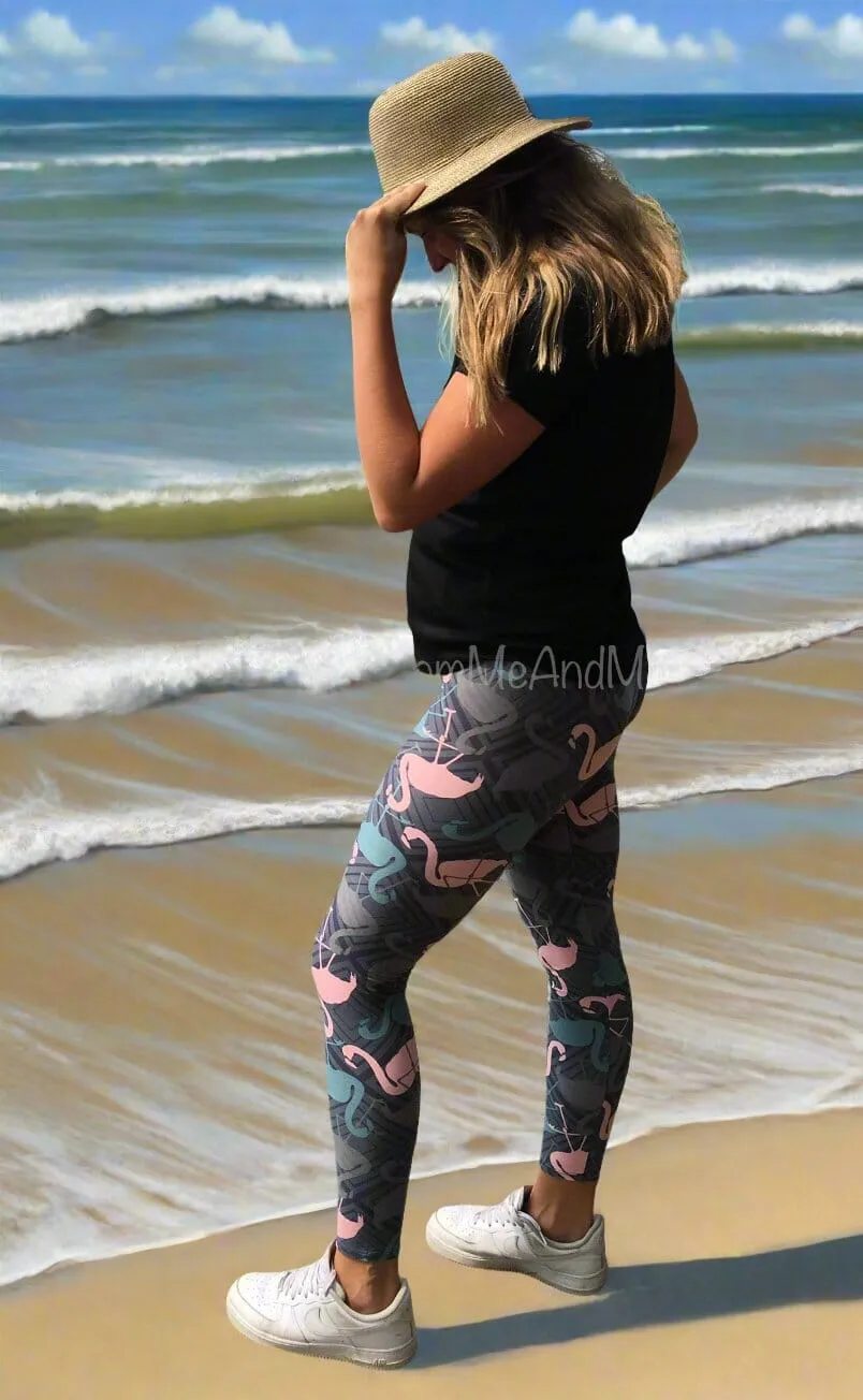 Womens Pink Flamingo Leggings, Soft Yoga Pants, Size 18-22, No-Roll Waist, Gray/Pink